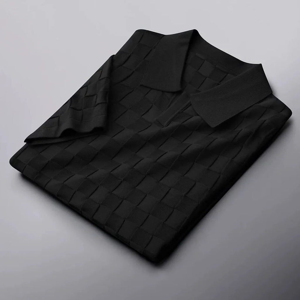 Men's Checkered Knit Polo Shirt with Basket Weave Texture