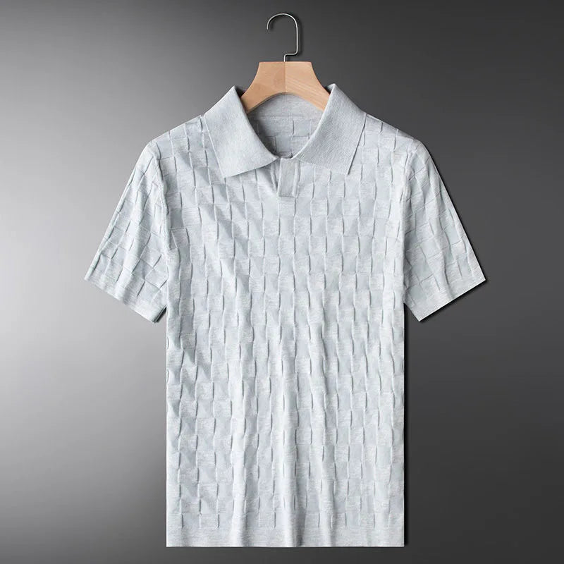 Men's Checkered Knit Polo Shirt with Basket Weave Texture