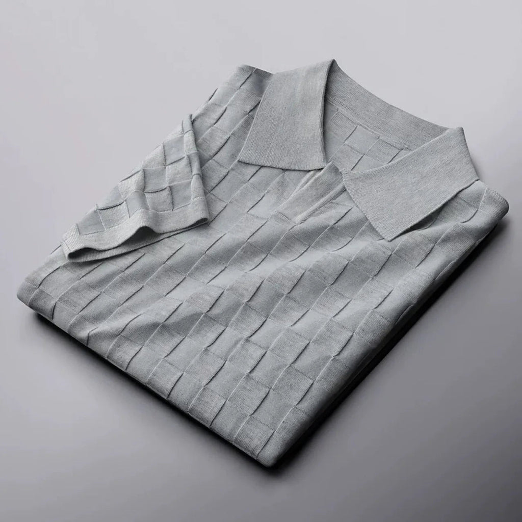 Men's Checkered Knit Polo Shirt with Basket Weave Texture