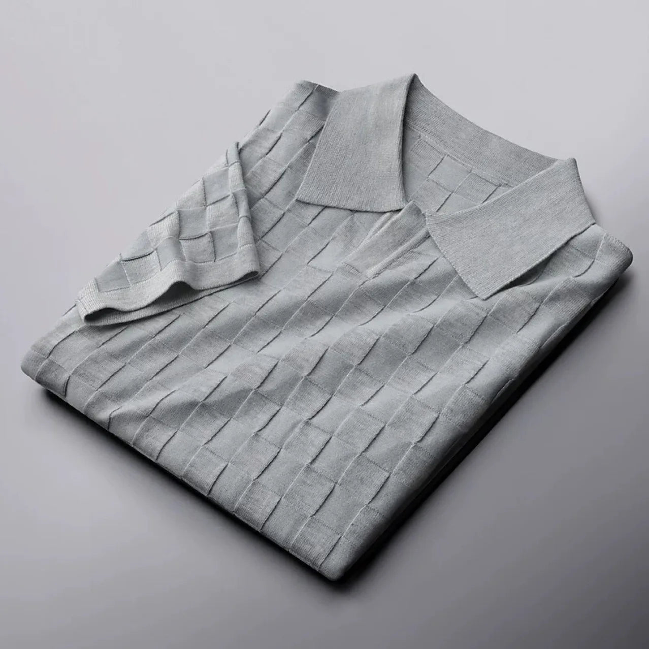 Men's Checkered Knit Polo Shirt with Basket Weave Texture