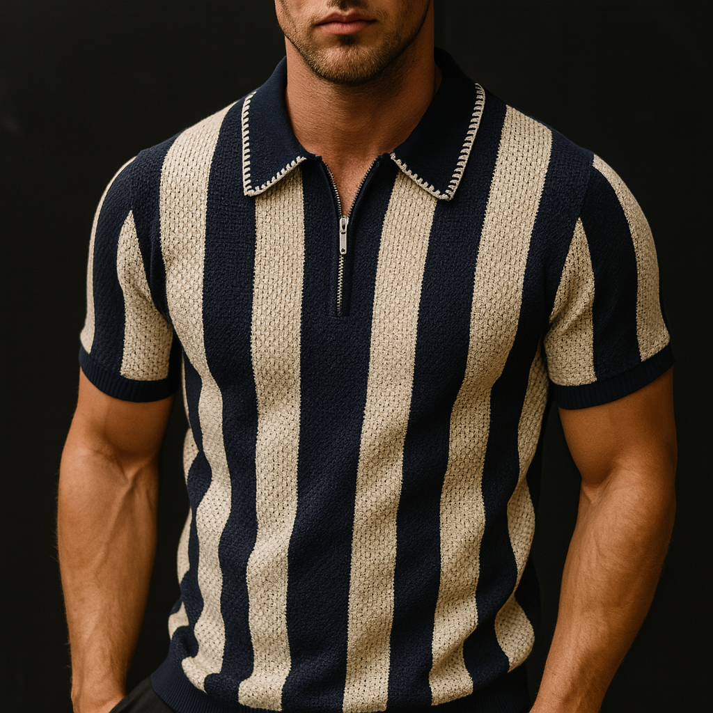 Men's Striped Polo Shirt with Quarter-Zip and Short Sleeves