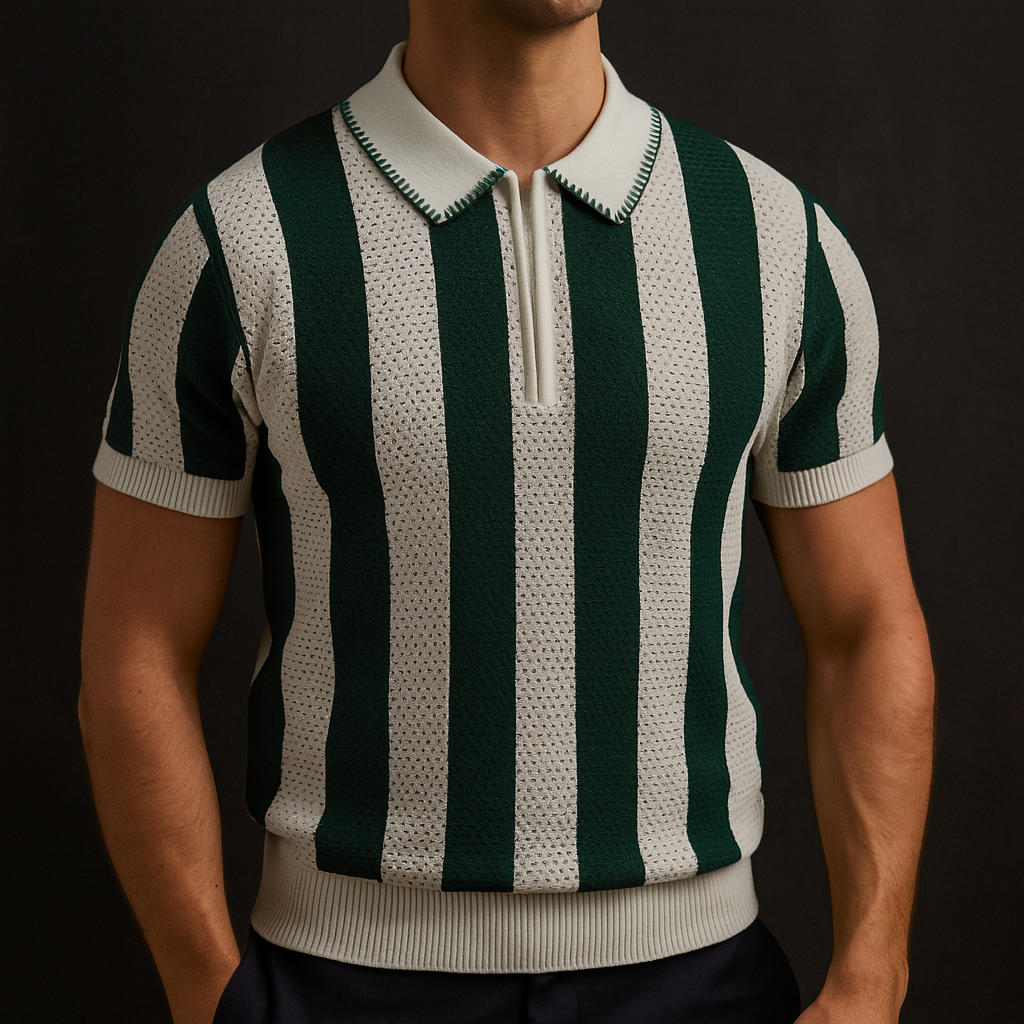 Men's Striped Polo Shirt with Quarter-Zip and Short Sleeves