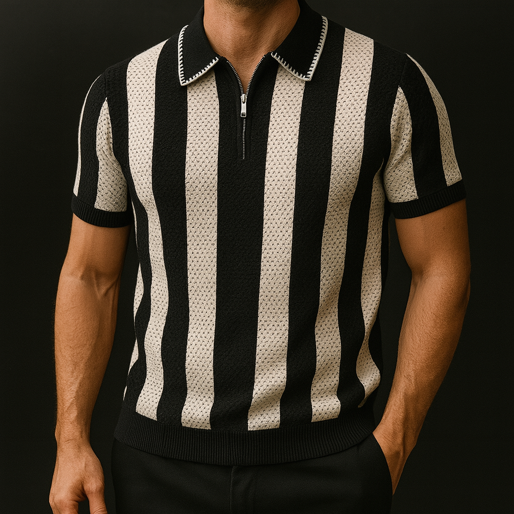 Men's Striped Polo Shirt with Quarter-Zip and Short Sleeves