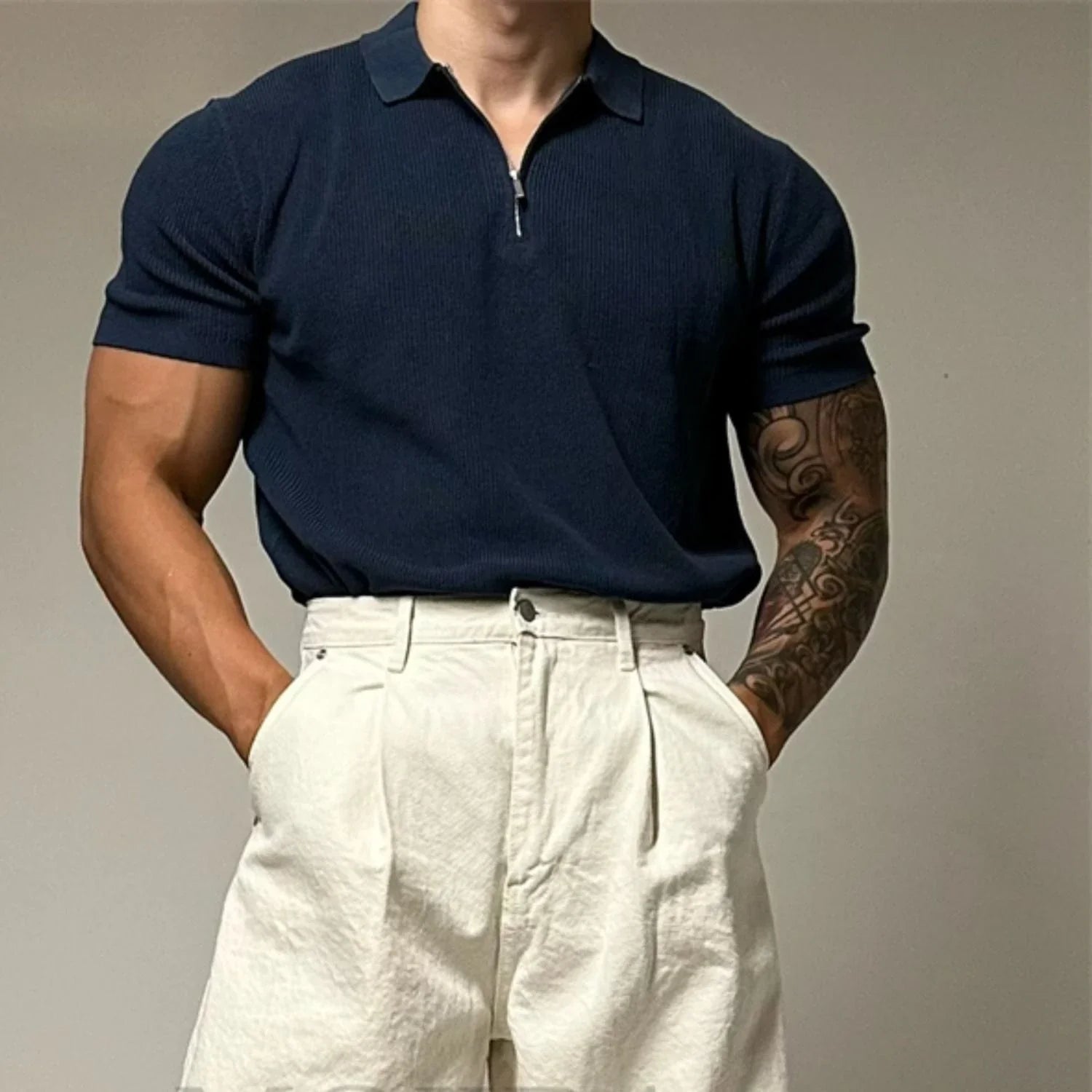 Men's Quarter-Zip Ribbed Knit Polo Shirt Short Sleeve