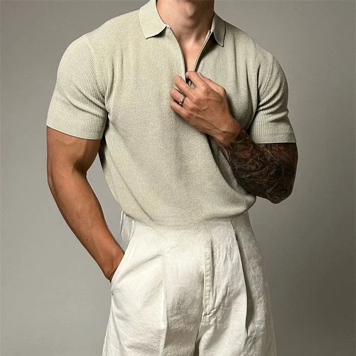 Men's Quarter-Zip Ribbed Knit Polo Shirt Short Sleeve