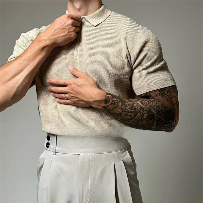 Men's Quarter-Zip Ribbed Knit Polo Shirt Short Sleeve
