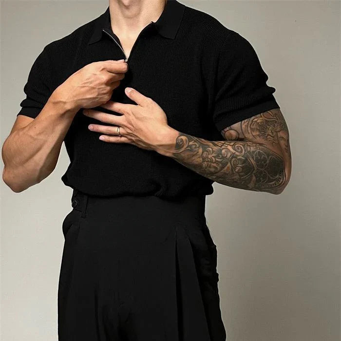 Men's Quarter-Zip Ribbed Knit Polo Shirt Short Sleeve