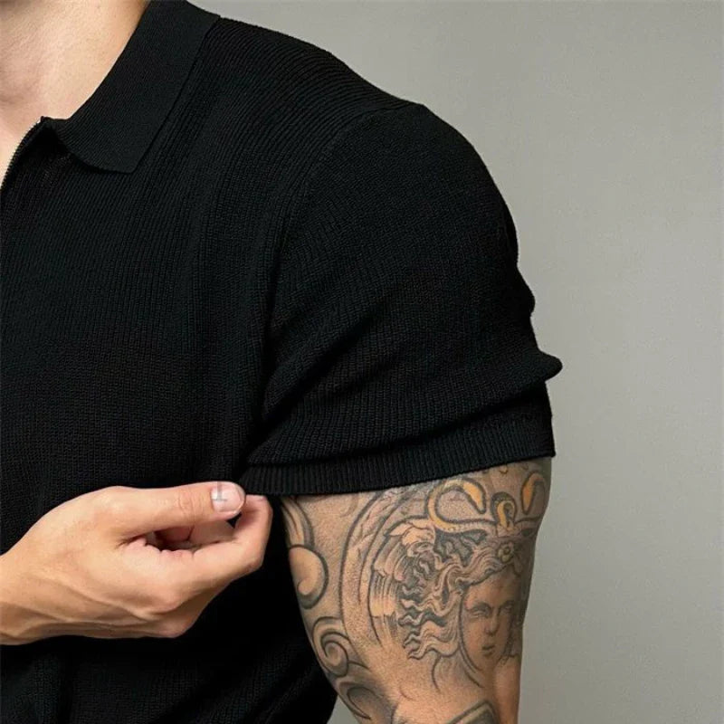 Men's Quarter-Zip Ribbed Knit Polo Shirt Short Sleeve