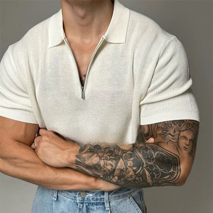 Men's Quarter-Zip Ribbed Knit Polo Shirt Short Sleeve