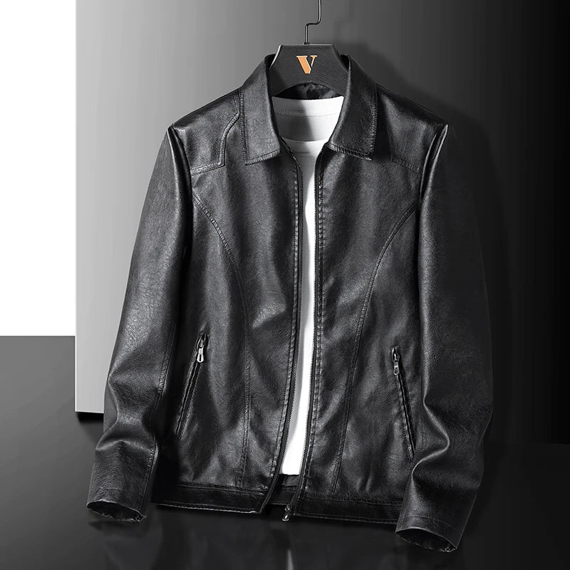 Men's black leather jacket with full front zip and zip side pockets