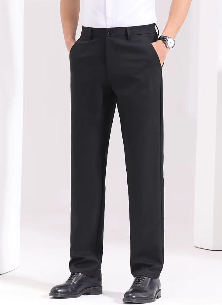 Front view of black straight-leg dress pants with belt loops
