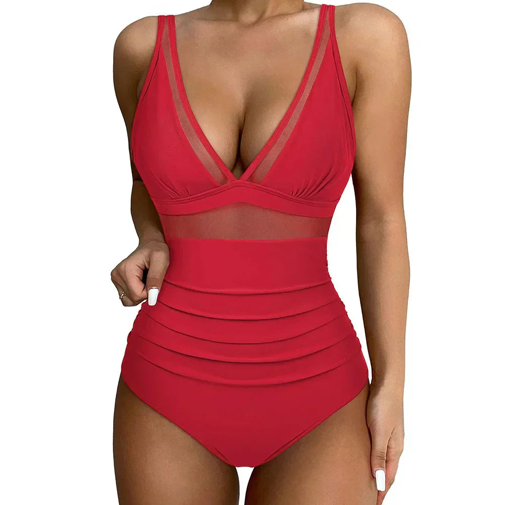 Women's One-Piece Swimsuit with V-Neck and Mesh Insert