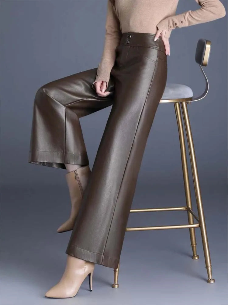 Side view of glossy coffee brown wide-leg cropped pants