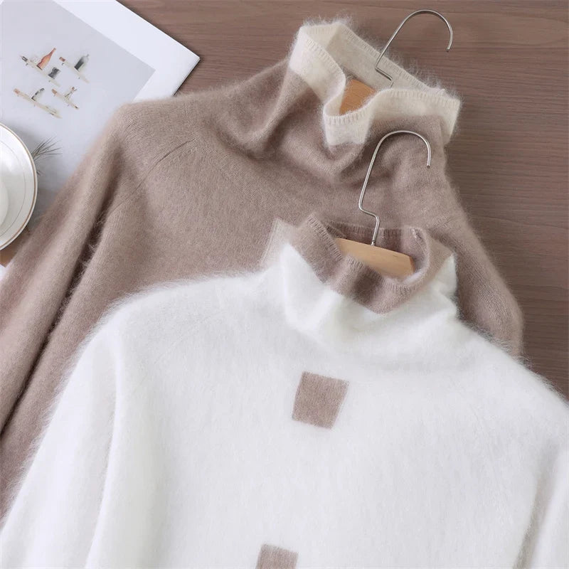 Women's Fuzzy Knit Turtleneck Sweater with Contrast Stripe Detail, close-up of the turtleneck collar