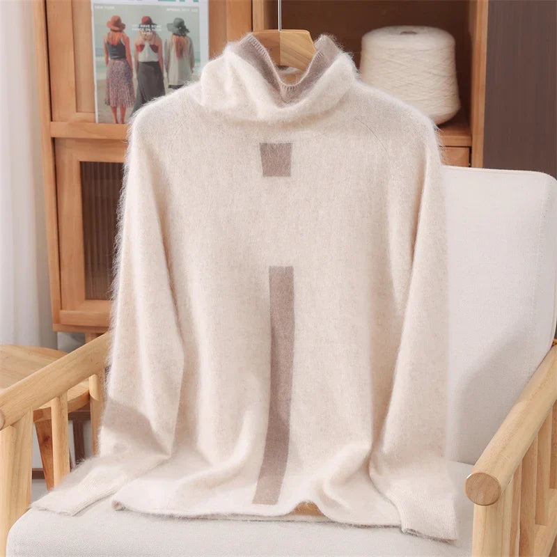 Women's Fuzzy Knit Turtleneck Sweater with Contrast Stripe Detail in Beige, front view on a hanger