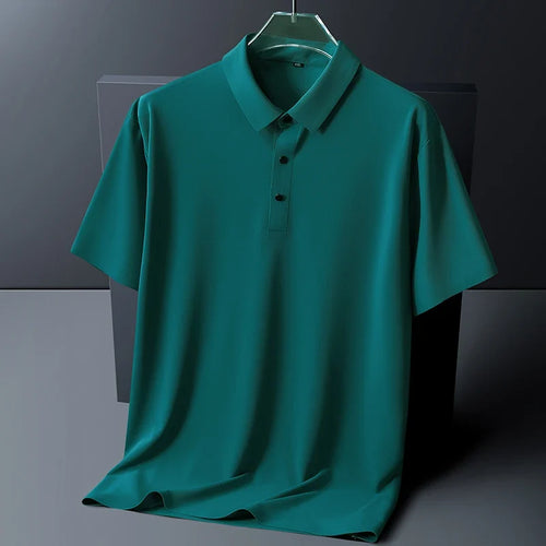 Men's short sleeve polo shirt in green with classic collar and three-button placket