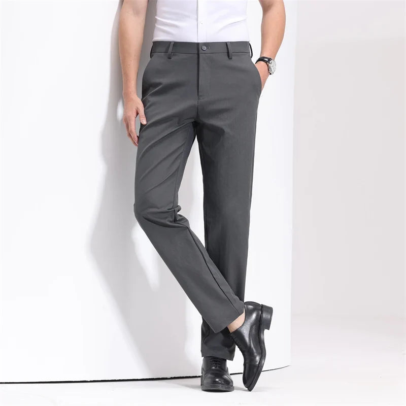 Men's slim-fit flat-front dress pants in gray