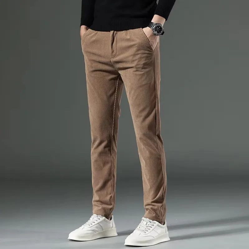 Men's slim-fit corduroy dress pants in khaki, front view