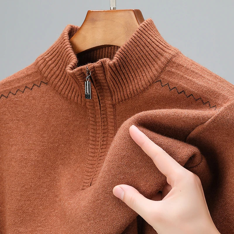 Men's Quarter-Zip Sweater with Ribbed Stand Collar in Brown, close-up of the collar