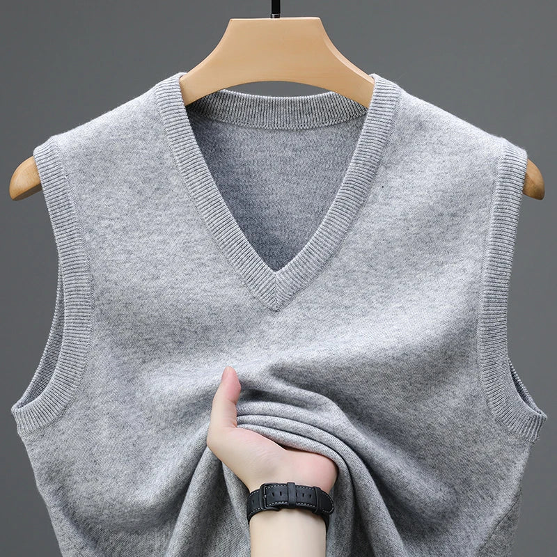 Men's Sleeveless V-Neck Sweater Vest with Ribbed Knit Trim in Light Gray, front view on a hanger