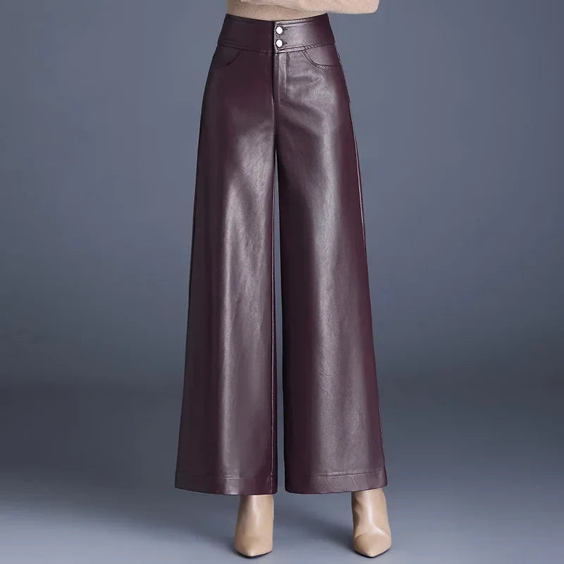 Women's high-rise cropped wide-leg leather-look pants in burgundy