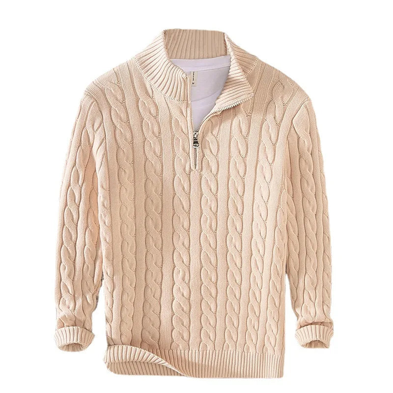 Men's beige cable knit half-zip sweater with ribbed stand collar, front view