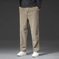 Men's khaki corduroy pants with elastic drawstring waist and straight leg