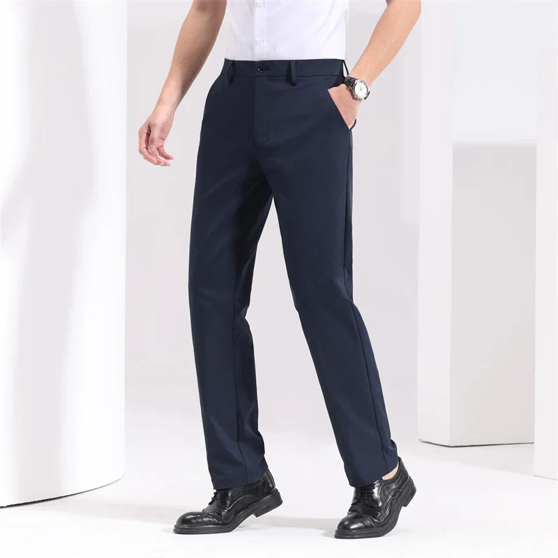 Men's slim-fit flat-front dress pants in navy blue