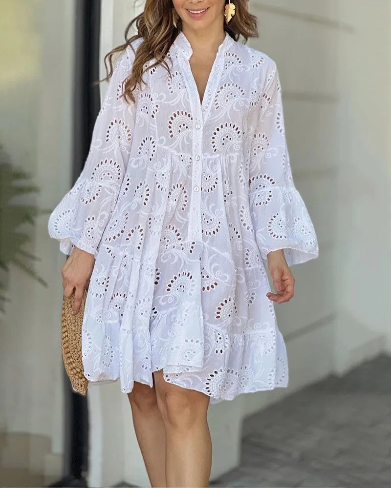 Women's Lace V-Neck Mini Dress with Embroidery for Summer