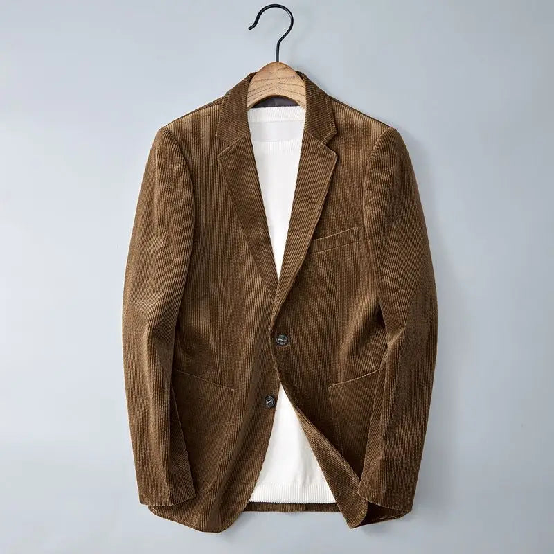Men's brown corduroy blazer with two-button front and patch pockets