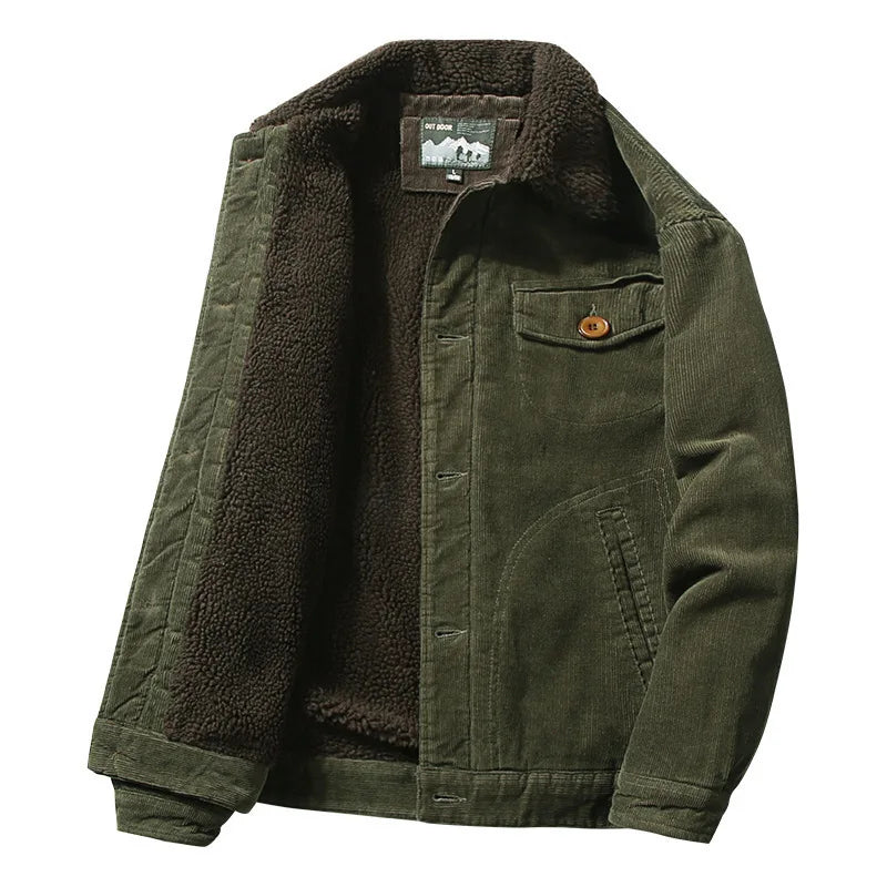 Men's olive green corduroy trucker jacket with dark sherpa lining