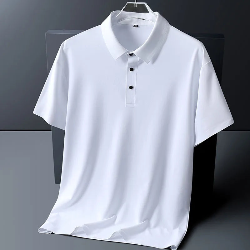 Men's short sleeve polo shirt in white with classic collar and three-button placket