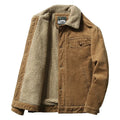 Men's coffee brown corduroy trucker jacket with sherpa fleece lining and collar