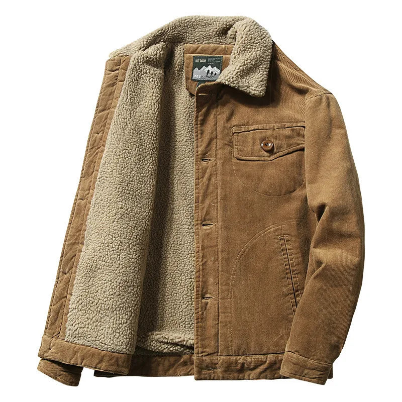 Men's coffee brown corduroy trucker jacket with sherpa fleece lining and collar