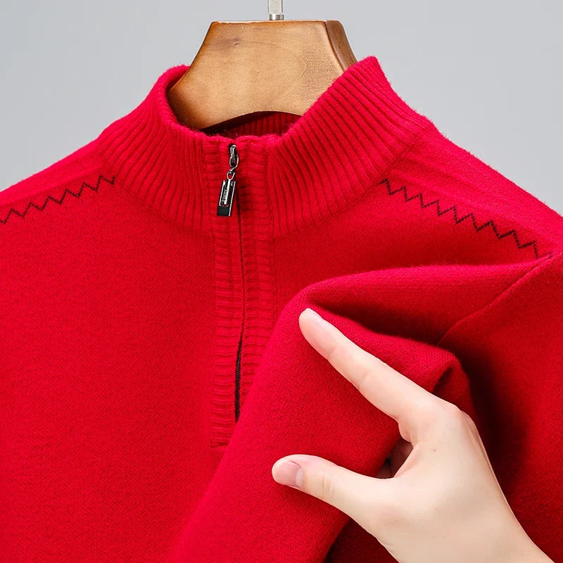 Men's Quarter-Zip Sweater with Ribbed Stand Collar in Red, close-up of the collar