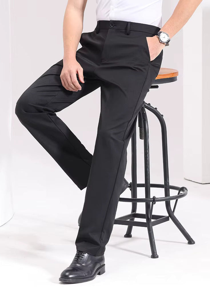 Black slim-fit dress pants styled with a white shirt