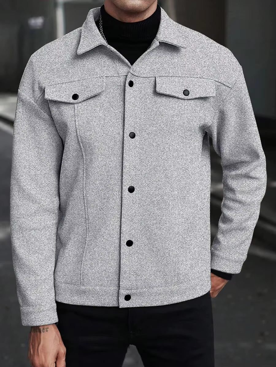 Front view of men's gray trucker jacket