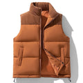 Men's quilted puffer vest in brown with corduroy stand collar and welt pockets