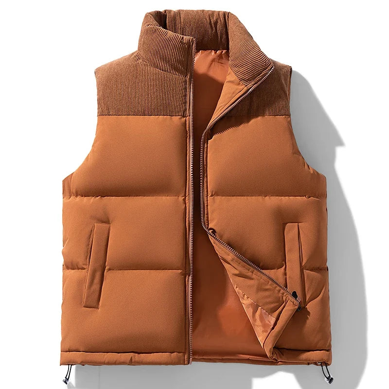 Men's quilted puffer vest in brown with corduroy stand collar and welt pockets