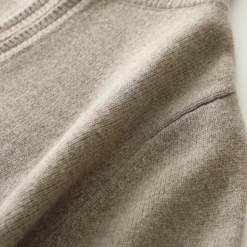 Men's Quarter-Zip Sweater with Contrast Trim Mock Neck in Khaki, fabric close-up