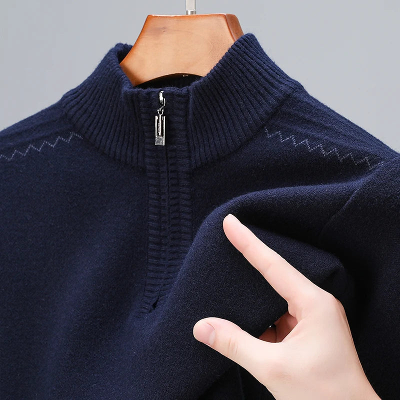 Men's Quarter-Zip Sweater with Ribbed Stand Collar in Navy Blue, close-up of the collar