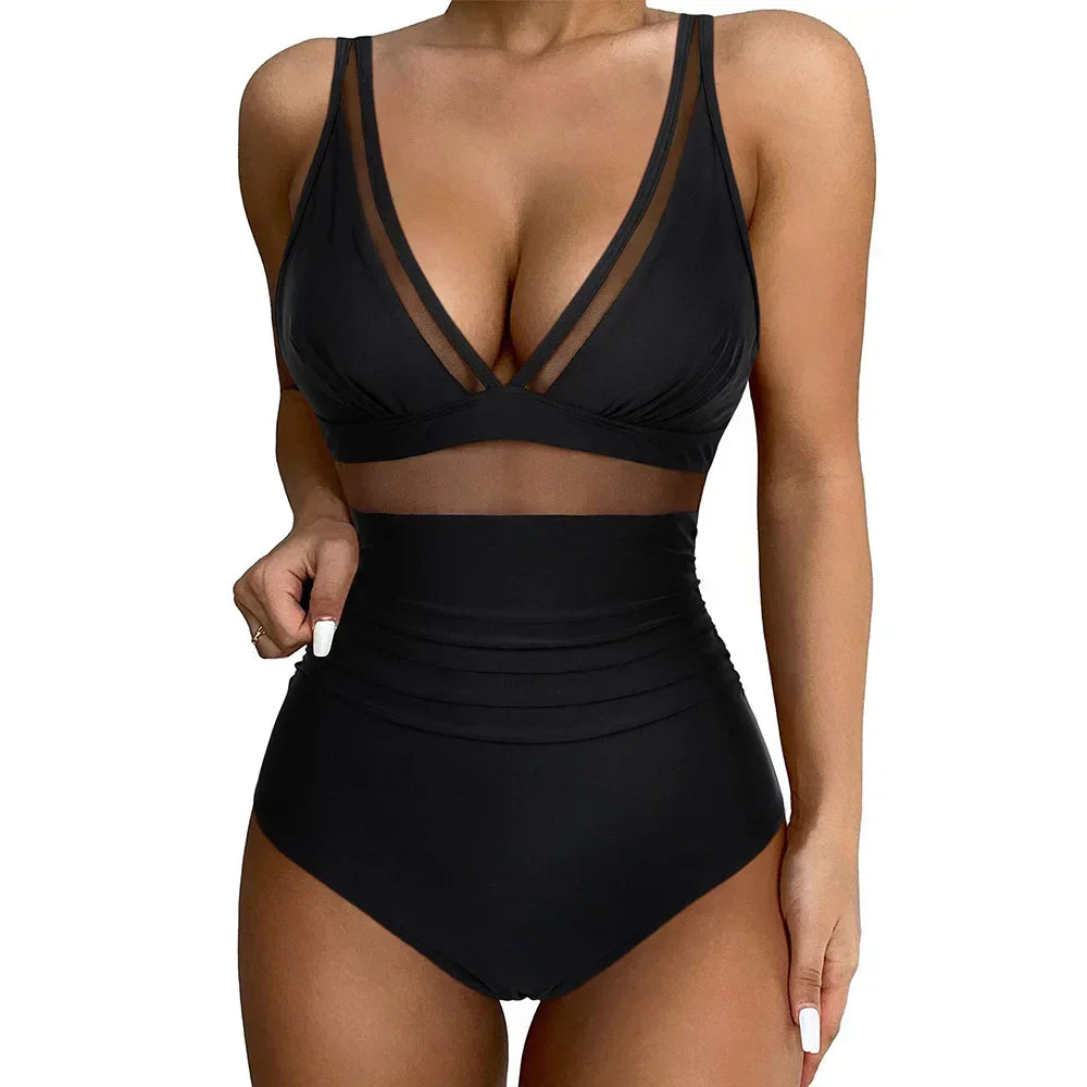 Women's One-Piece Swimsuit with V-Neck and Mesh Insert
