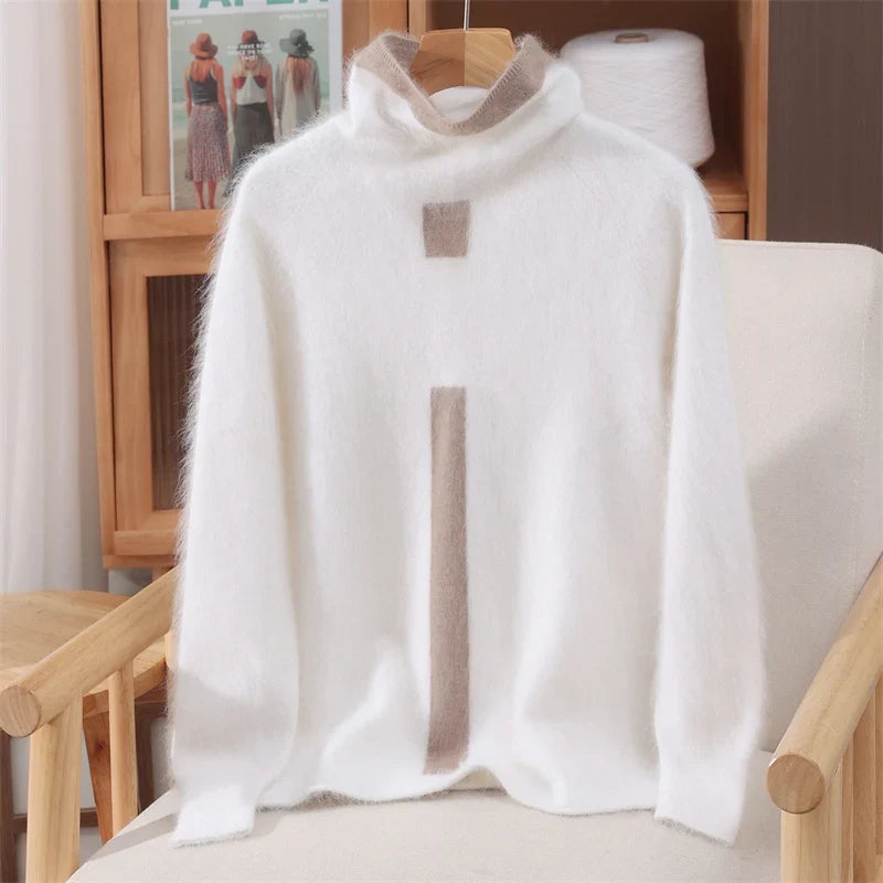 Women's Fuzzy Knit Turtleneck Sweater with Contrast Stripe Detail in White, front view on a hanger