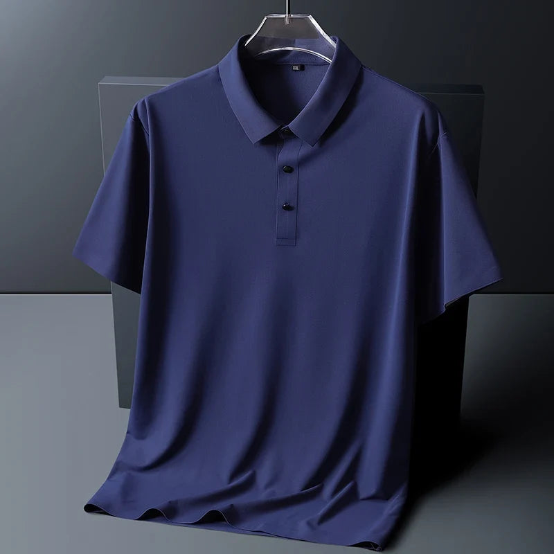 Men's short sleeve polo shirt in blue with classic collar and three-button placket