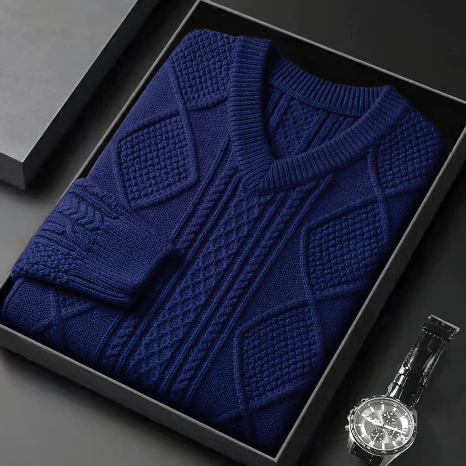 Men's Cable Knit V-Neck Sweater with Diamond Pattern in Blue, folded in a gift box