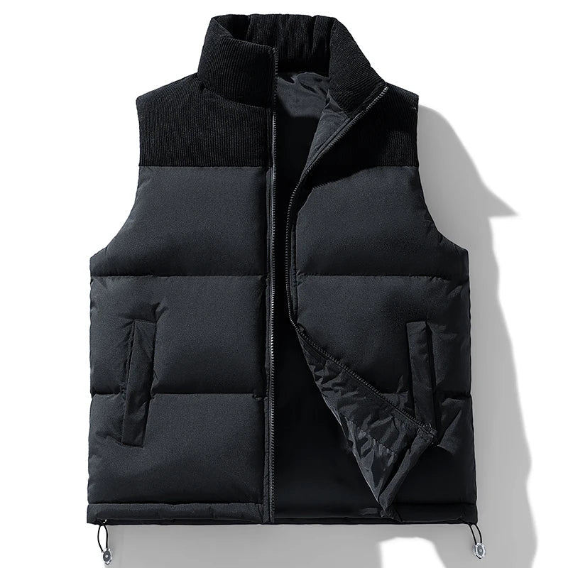 Men's quilted puffer vest in black with corduroy stand collar and welt pockets