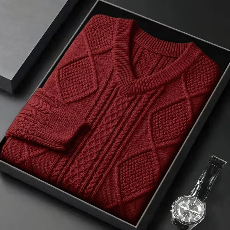Men's Cable Knit V-Neck Sweater with Diamond Pattern, product view