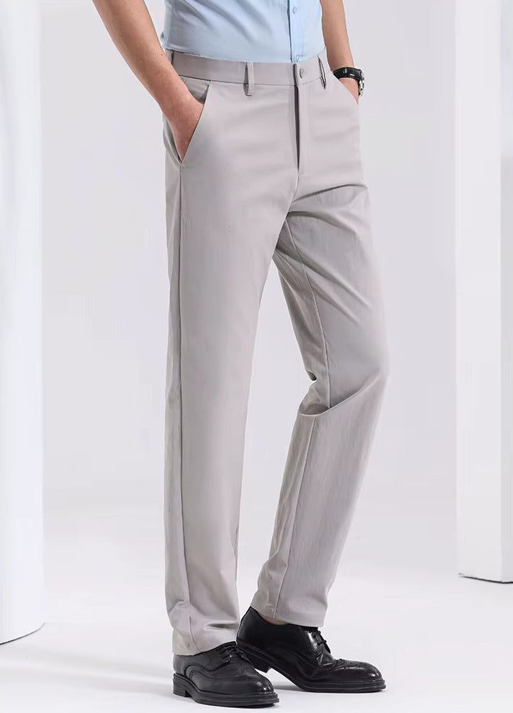Side view of khaki slim-fit dress pants with side pocket