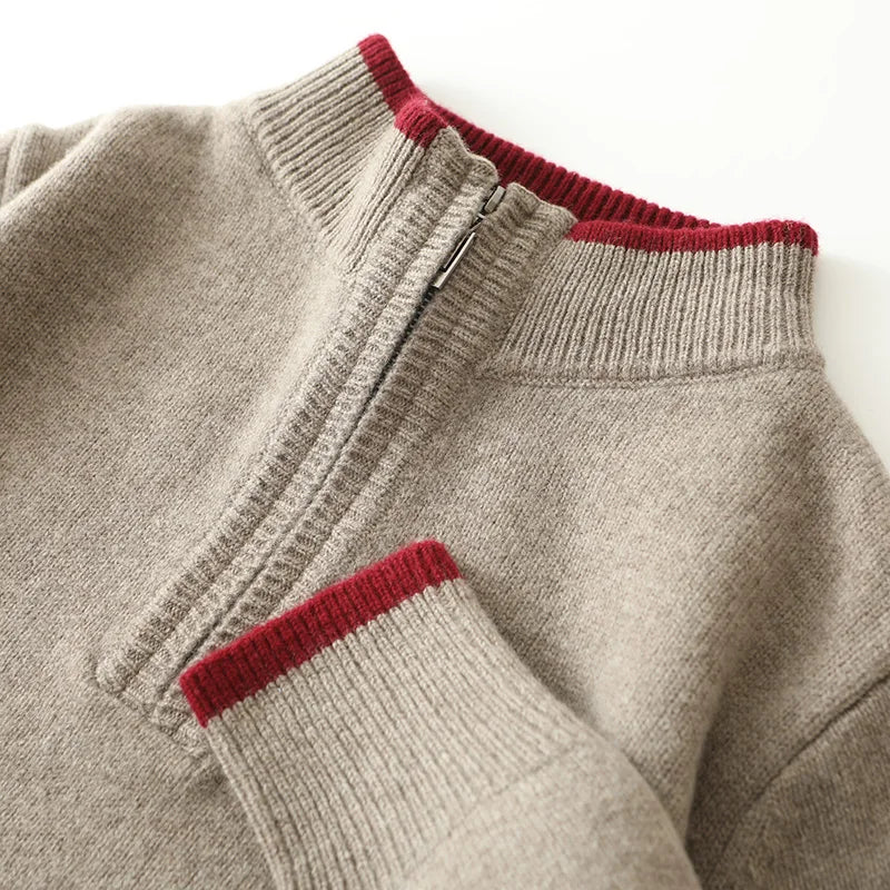 Men's Quarter-Zip Sweater with Contrast Trim Mock Neck in Khaki, close-up of the zip placket