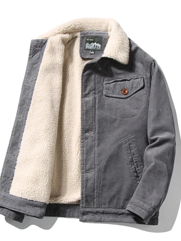 Men's gray corduroy trucker jacket with cream sherpa lining, open front